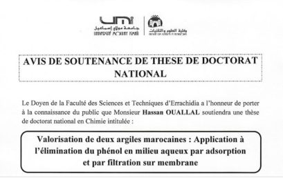 Avis de soutenance de thèse de doctorat national en chimie de M. Hassan OUALLAL