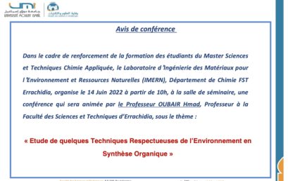 Master Chimie Appliquée: Avis de conférence du Pr. Ahmad OUBAIR