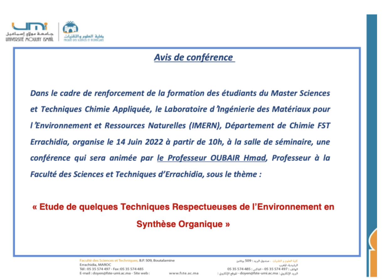 Master Chimie Appliquée: Avis de conférence du Pr. Ahmad OUBAIR