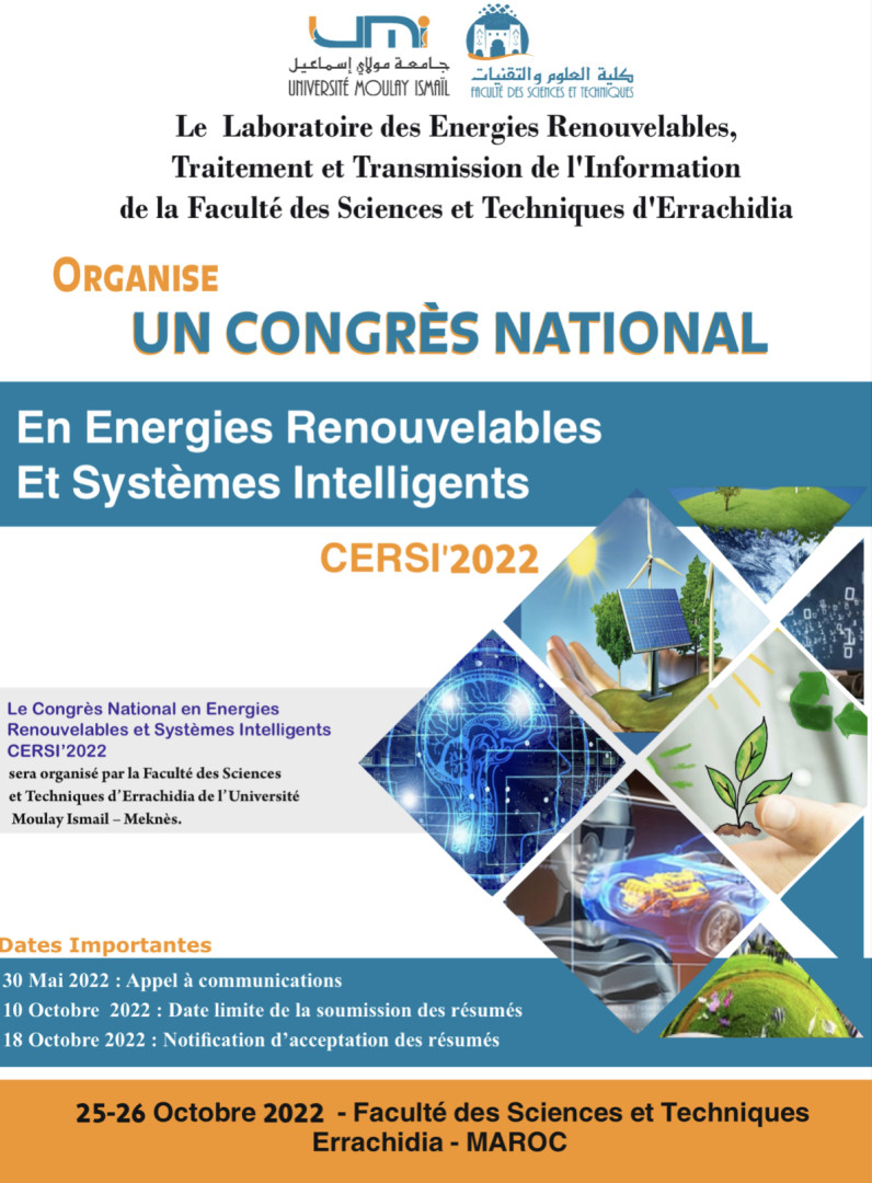 Congrès National en Energies Renouvelables et Systèmes Intelligents CERSI’2022 du 25 au 26 octobre 2022 – Prolongement de date de soumission