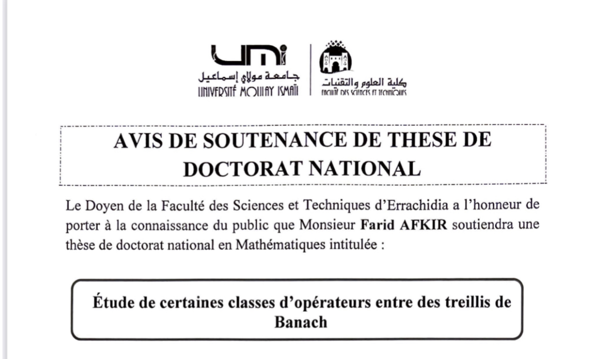 Avis de soutenance de thèse de doctorat national en Mathématiques de Monsieur Farid AFKIR