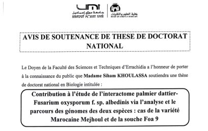 Avis de soutenance de thèse de doctorat national en Biologie de Madame Siham KHOULASSA
