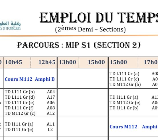 Emplois du temps – Semestre du printemps 22-23