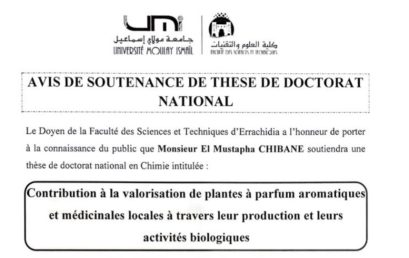 Avis de soutenance de thèse de doctorat national en Chimie de Monsieur El Mustapha CHIBANE