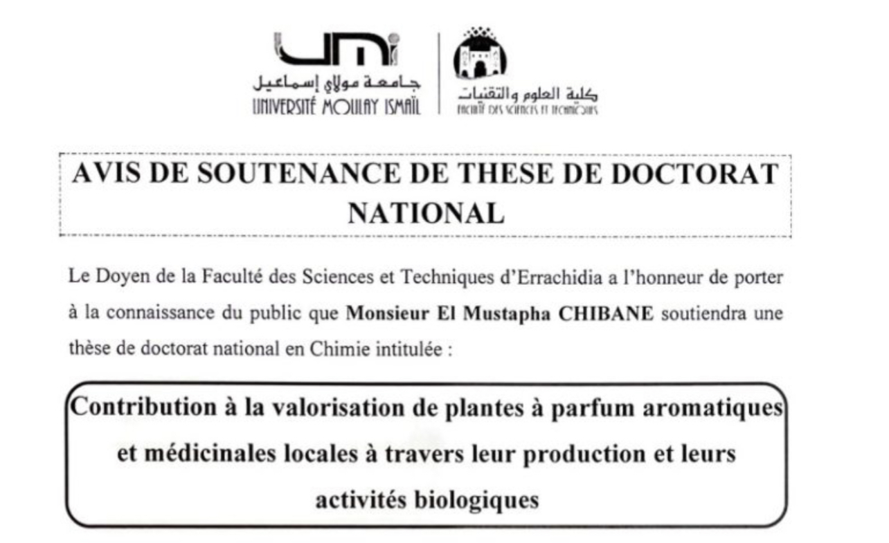 Avis de soutenance de thèse de doctorat national en Chimie de Monsieur El Mustapha CHIBANE