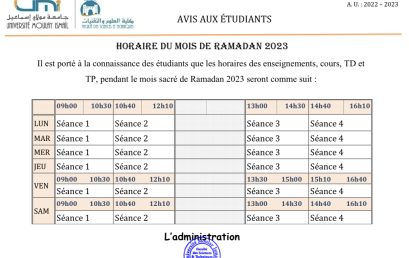 Horaires du mois de Ramadan 2023