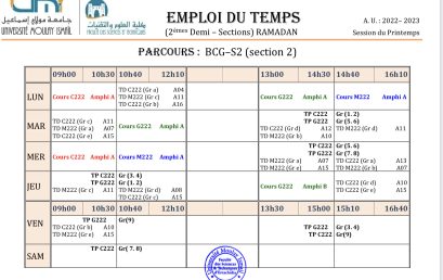 Emplois du temps de 2èmes demi-sections des enseignements de la session du printemps 2022/2023 du Tronc commun (S2 & S4)