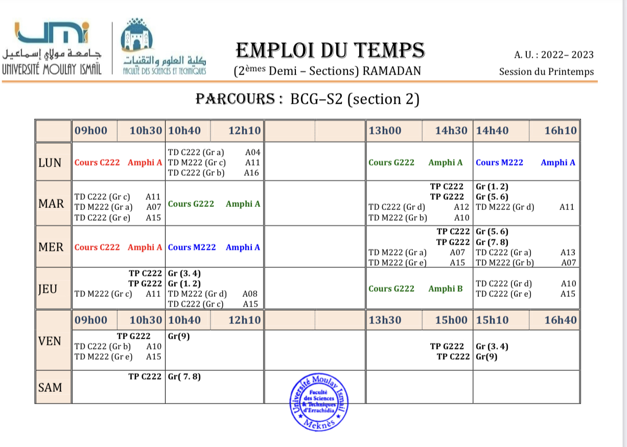 Emplois du temps de 2èmes demi-sections des enseignements de la session du printemps 2022/2023 du Tronc commun (S2 & S4)