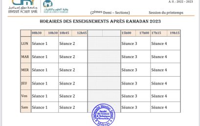 Horaires des enseignements après Ramadan 2023