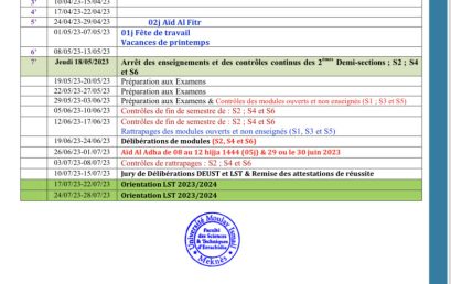 Reste du calendrier universitaire P 2022/2023