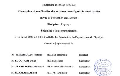Avis de soutenance de thèse de doctorat en Physique de M. El Mustapha IFTISSANE