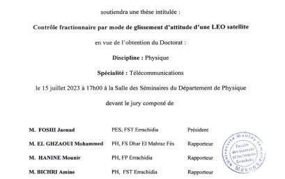 Avis de soutenance de thèse de doctorat en Physique de M. Taha ENNACIRI