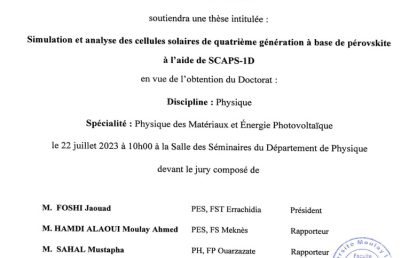Avis de soutenance de thèse de doctorat en Physique de Mme Touria OUSLIMANE