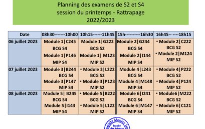 Planning des examens (S2, S4 et S6) : session de rattrapage – printemps 2022/2023