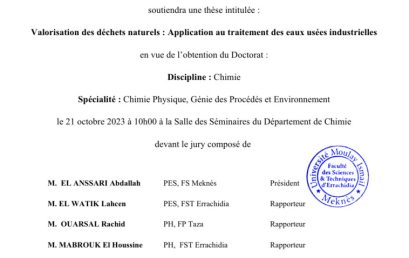 Avis de soutenance de thèse de doctorat en Chimie de Mme Meryem KERROU