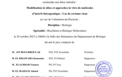 Avis de soutenance de thèse de doctorat en Biologie de Mme Soumia MOUJANE