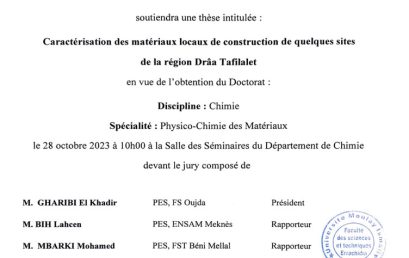 Soutenance de thèse de doctorat en Chimie de Monsieur Mahdi LECHHEB