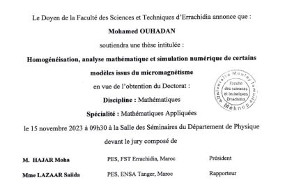 Avis de soutenance de thèse de doctorat en cotutelle de Monsieur Mohamed OUHADAN entre l’Université Moulay Ismail et La Rochelle Université (France)