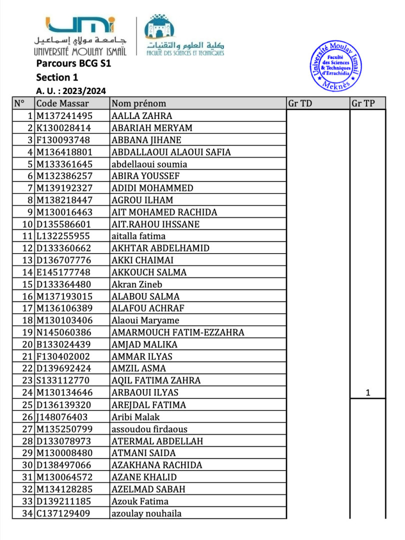 Listes actualisées des étudiants inscrits en 1ère année BCG et MIP