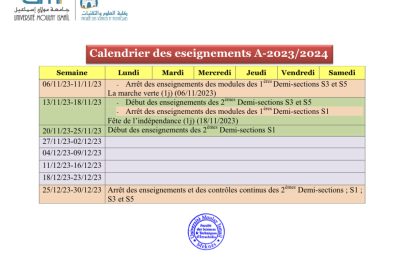 Calendrier des enseignements A-2023/2024 rectifié