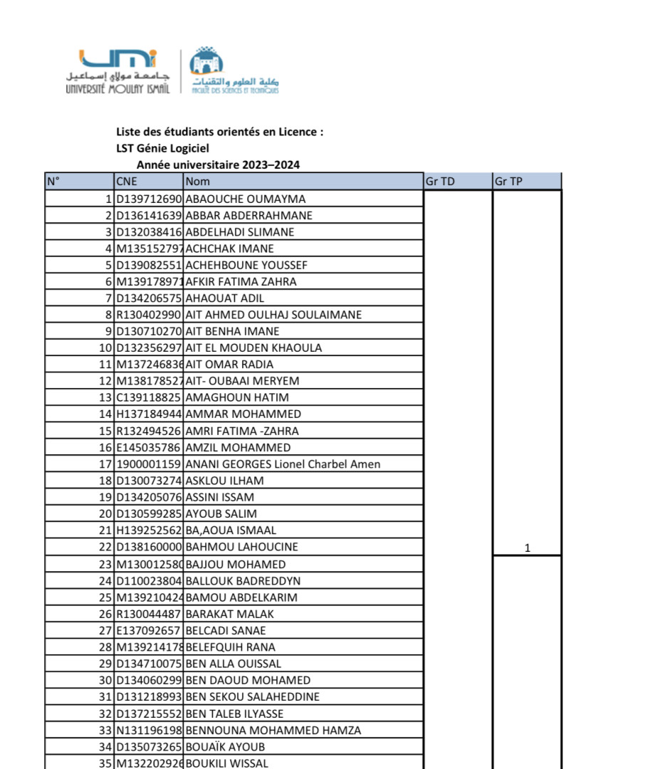 LST GL : Liste des groupes TD & TP