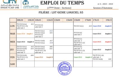 Emploi du temps de la filière LST : Génie Logiciel