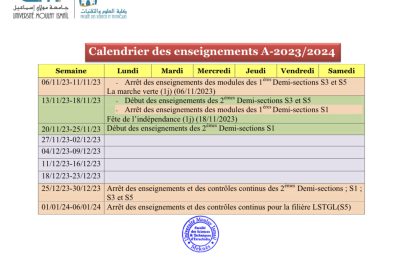 Calendrier des enseignements  A-2023/2024