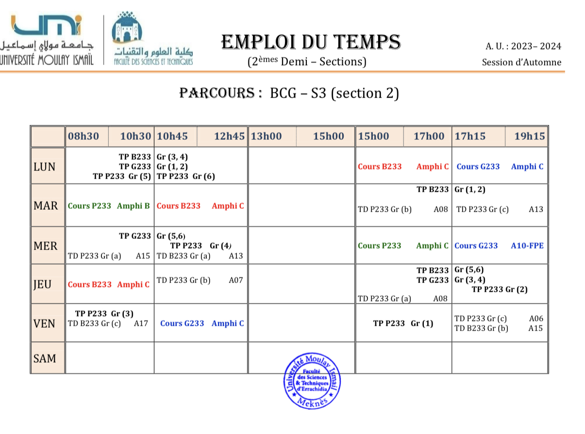 Emplois du temps de 2èmes demi-sections session d’automne 2023/2024 (S3 & S5)