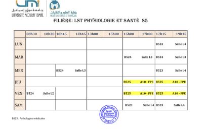 Emploi du temps de la filière LST Physiologie et Santé S5