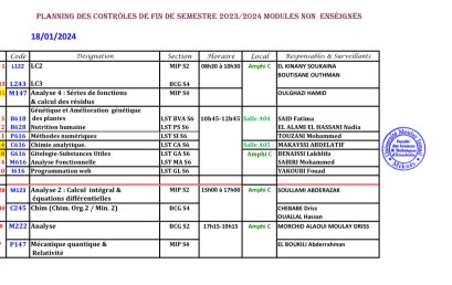 Planning des contrôles de fin de semestre 2023/2024 modules non enseignés