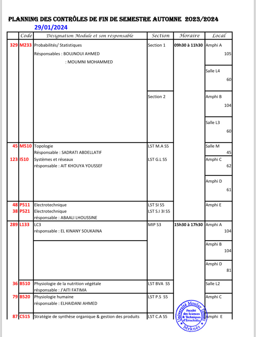 Planning des contrôles de fin de semestre Automne 2023/2024