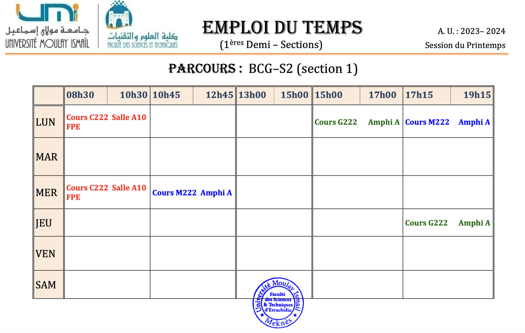 Emplois du temps des cours : session du printemps P-2023/2024