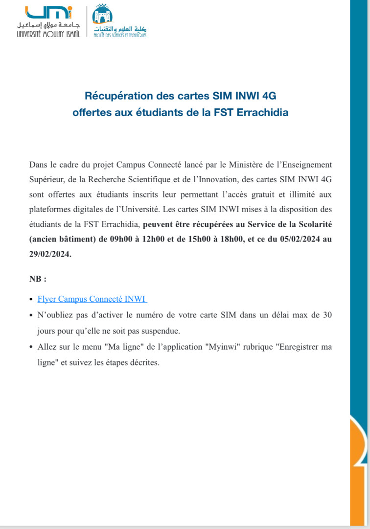 Avis de récupération des cartes SIM INWI 4G offertes aux étudiants de la FST Errachidia