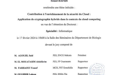 Avis de soutenance de thèse de doctorat en Informatique de Mme Souad HAFIDI