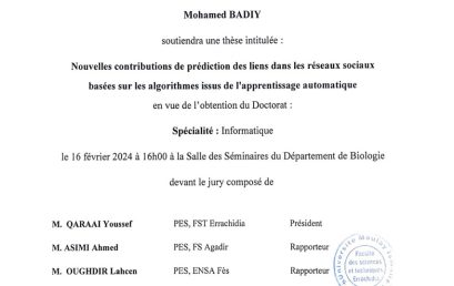 Avis de soutenance de thèse de doctorat en Informatique de M. Mohamed BADIY