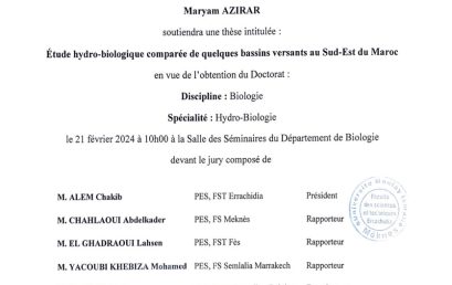 Avis de soutenance de thèse de doctorat en Biologie de Mme Maryam AZIRAR