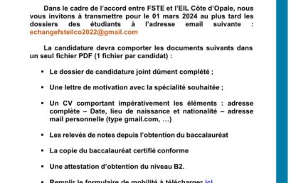 Appel à candidatures: Mobilité étudiante EILCO-ULCO 2024-2025