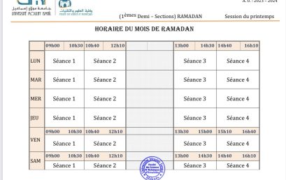 Horaires des enseignements durant le mois de Ramadan 2024