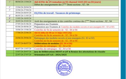 Reste du Calendrier de l’Année Universitaire 2023/2024 (Session du printemps)