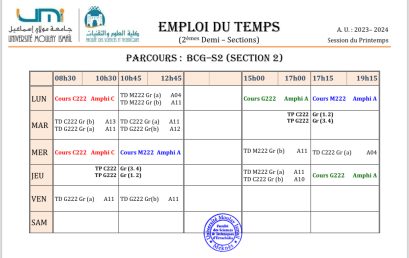 Emplois du temps de la 2èmes demi-sections (P-2023/2024) du tronc commun (BCG & MIP) : Après RAMADAN