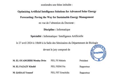 Avis de soutenance de thèse de doctorat en Informatique de M. Mohamed Khalifa BOUTAHIR