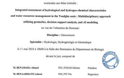 Avis de soutenance de thèse de doctorat en Géosciences de Mme Lamya OUALI