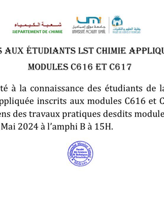Examen des travaux pratiques des modules C616 et C617