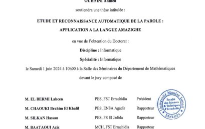 Avis de soutenance de thèse de doctorat en Informatique de M. Ahmed OUHNINI