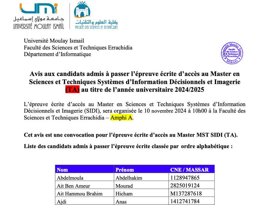 Avis aux candidats admis à passer l’épreuve écrite d’accès au Master en Sciences et Techniques Systèmes d’Information Décisionnels et Imagerie (TA) au titre de l’année universitaire 2024/2025