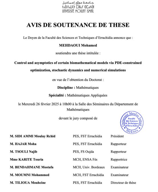 Avis de soutenance de thèse de doctorat en Mathématiques de M. MEHDAOUI Mohamed