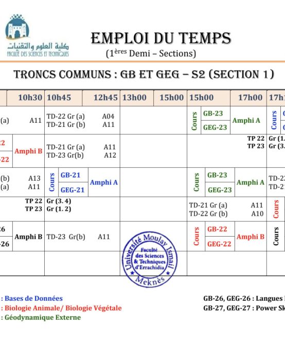 Emplois du temps détaillés des semestres S2, S4 et S6 : P-2024/2025