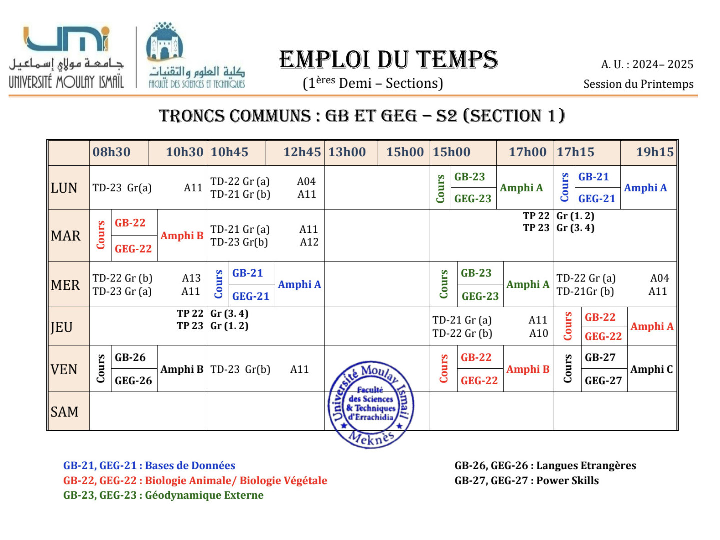 Emplois du temps détaillés des semestres S2, S4 et S6 : P-2024/2025
