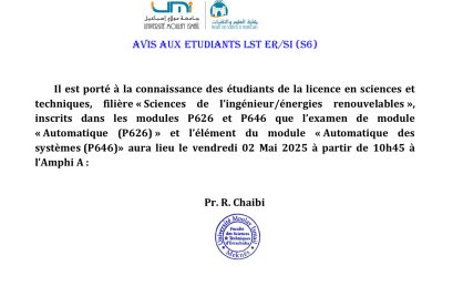 Avis aux ETUDIANTS LST ER/SI (S6) : Examen du module « Automatique (P626) » et l’élément de module « Automatique des systèmes (P646)»