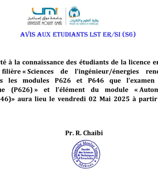 Avis aux ETUDIANTS LST ER/SI (S6) : Examen du module « Automatique (P626) » et l’élément de module « Automatique des systèmes (P646)»